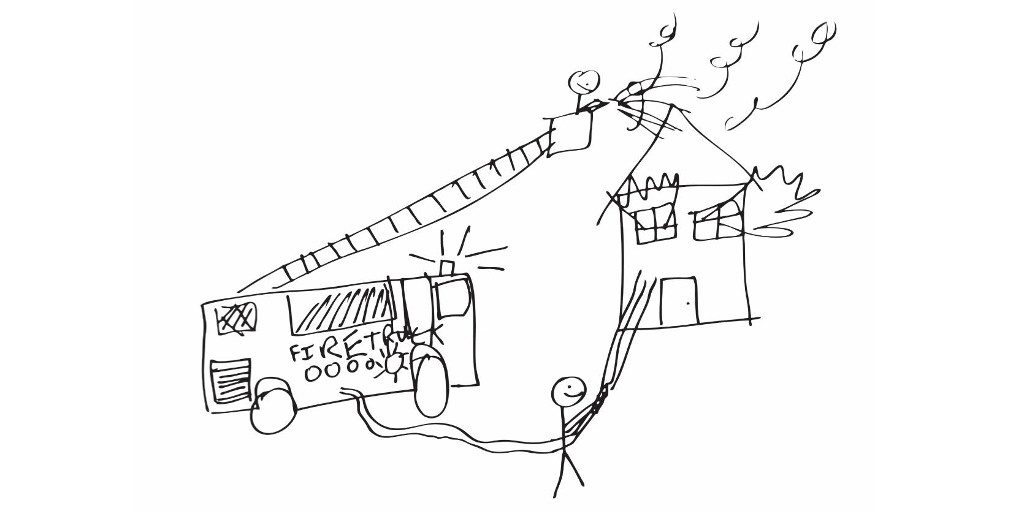 Piirroskuva paloautosta ja kahdesta tikku-ukosta, jotka ovat sammuttamassa liekeissä olevaa taloa.