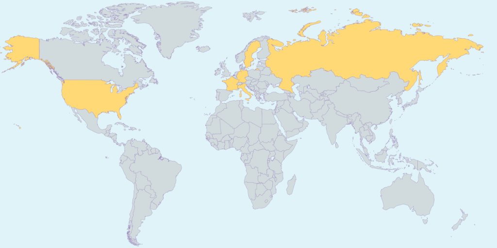 Maailmankartta, josta korostettu Venäjä, osa Kanadasta, Yhdysvallat, Ruotsi, Saksa, Ranska ja Italia.