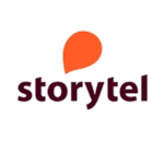Storytel-yrityksen logo eli teksti ja punainen pisaramainen kuvio.