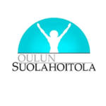 Oulun suolahoitolan logo, jossa kädet ylhäällä oleva ihmishahmo turkoosilla taustalla.