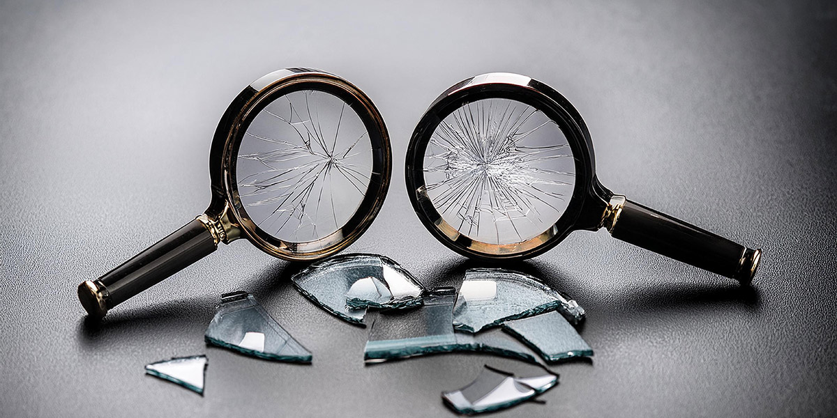 Kaksi rikkinäistä suurennuslasia vierekkäin, niiden edessä lasinsirpaleita.